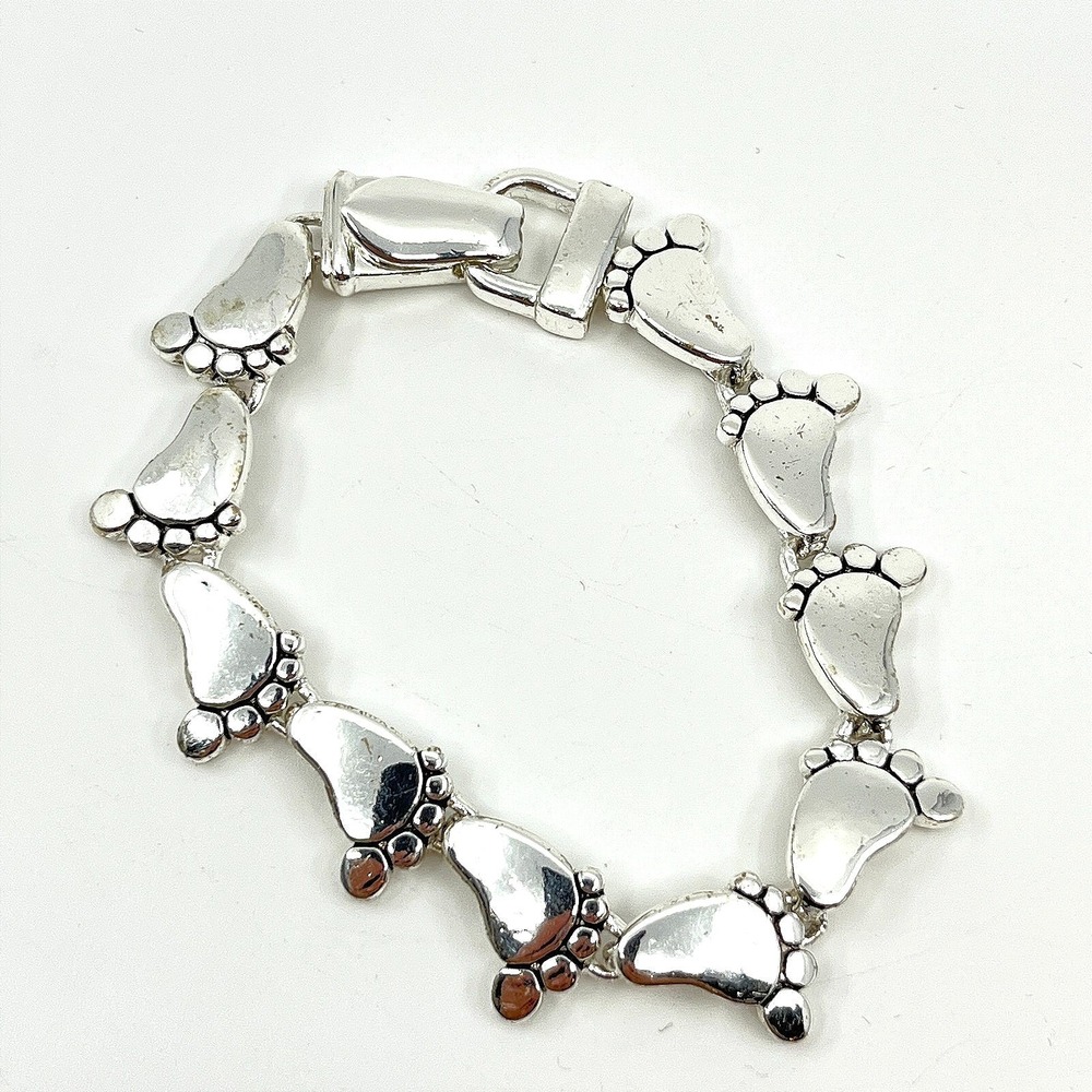 Vintage‎ Silver Tone Baby Feet Link Charming Mother's Bracelet Jewelry Retro Y2K